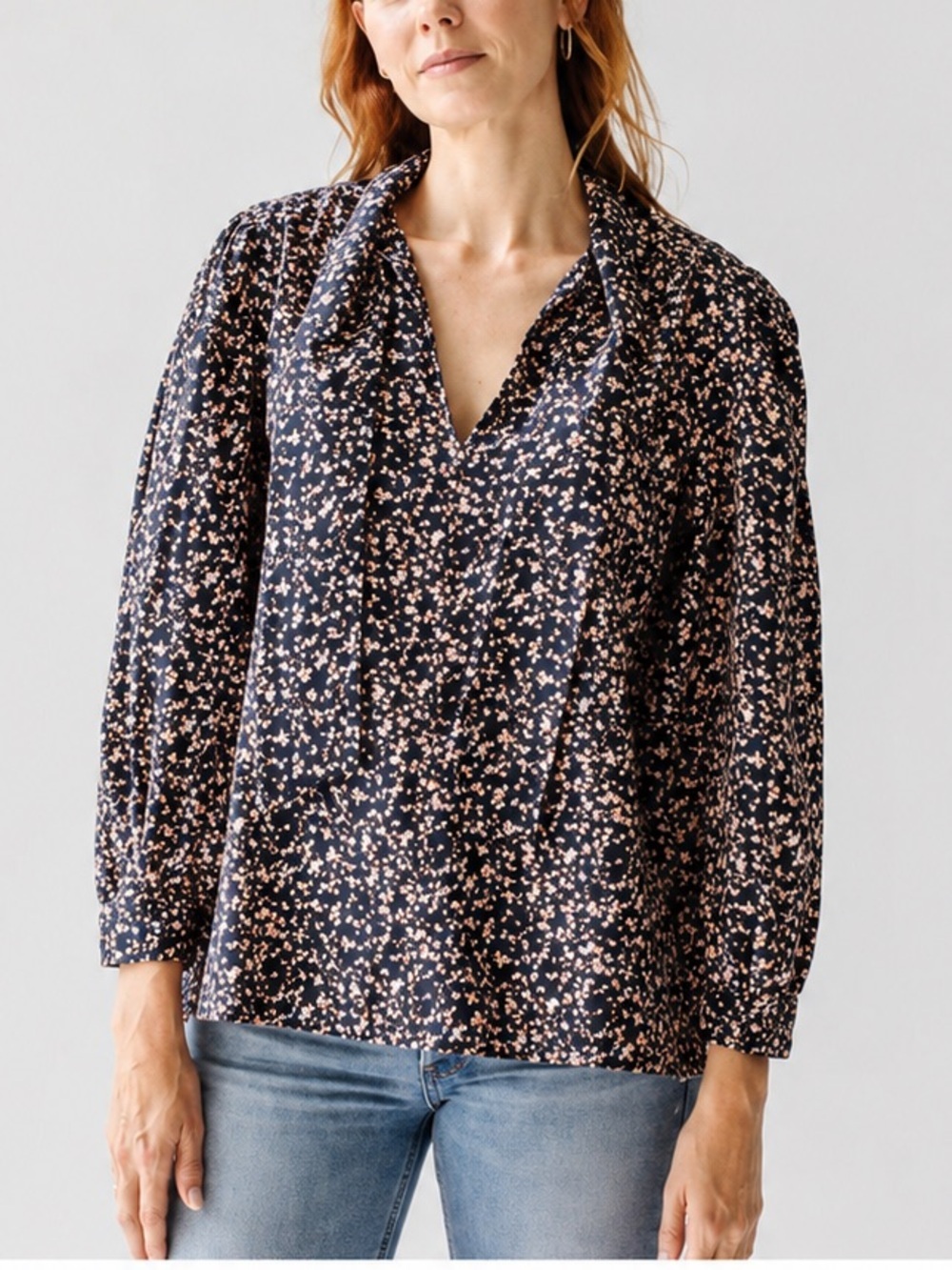 MIRTH Venice Tie Neck Blouse in Bonfire Ditsy Floral Cotton Navy Peach Small